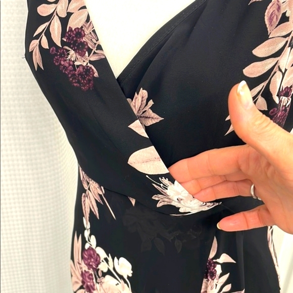 NWOT Black & Purple Floral Wrap Dress with High Low Ruffled Hem - Picture 11 of 17